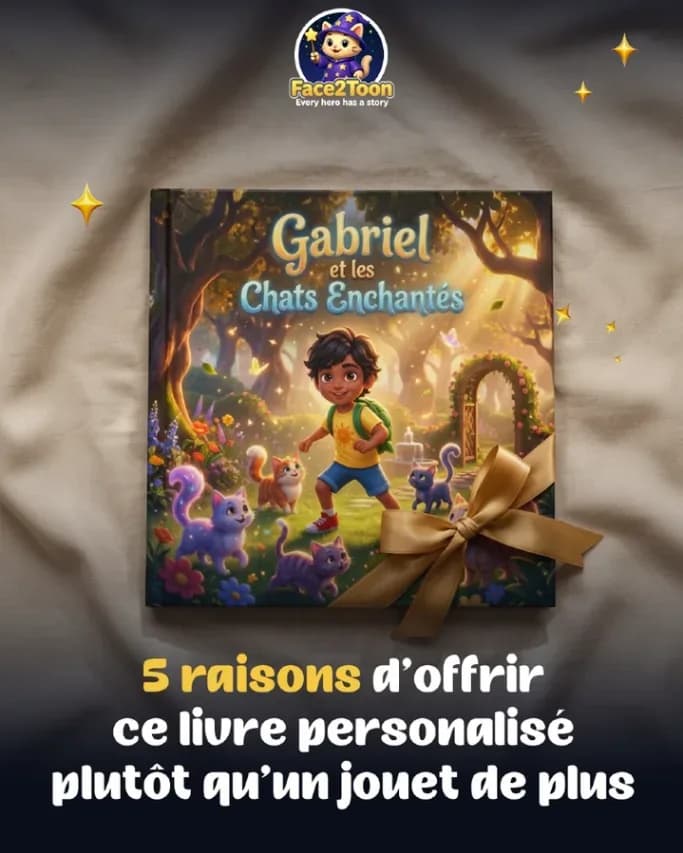 Livre personnalisé Face2Toon emballé d'un ruban doré : 5 raisons de l'offrir plutôt qu'un jouet