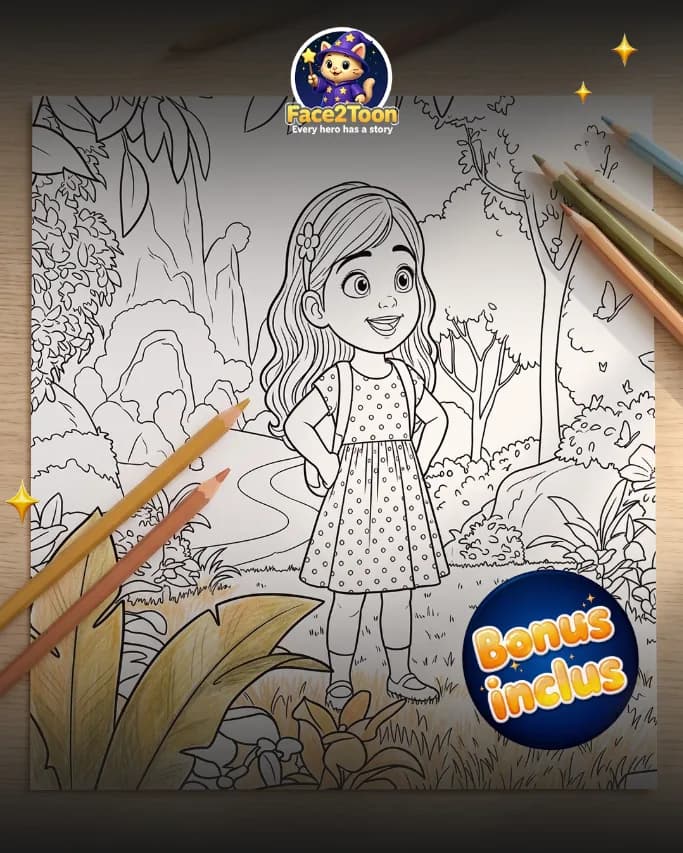Page à colorier d'un livre Face2Toon avec l'héroïne dessinée au trait, crayons de couleur