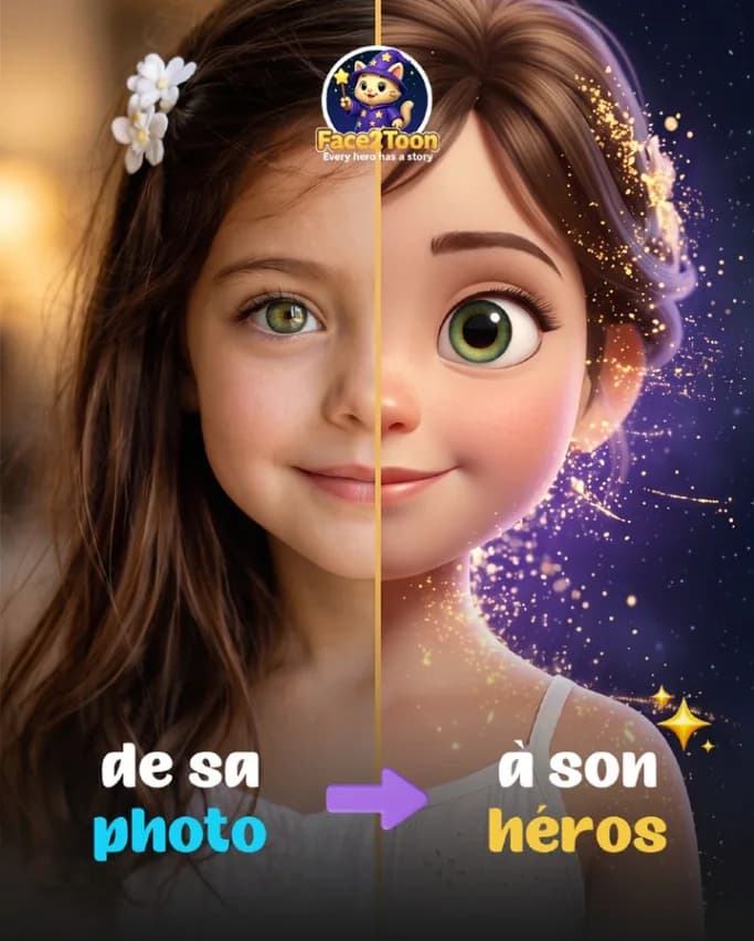 Le visage d'une enfant en photo, puis illustré en héroïne de son livre
