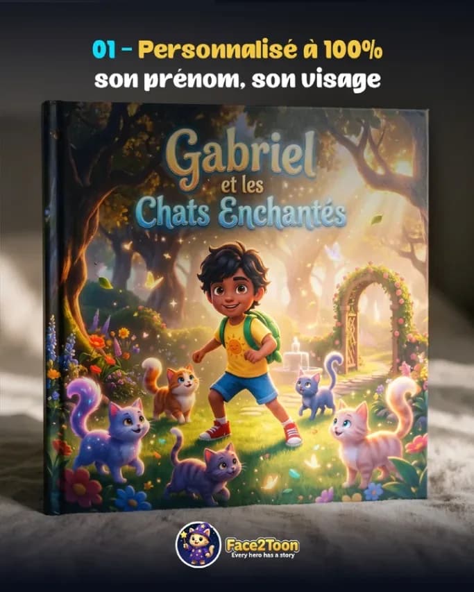 Couverture d'un livre Face2Toon avec le prénom et le visage de l'enfant : personnalisé à 100 %
