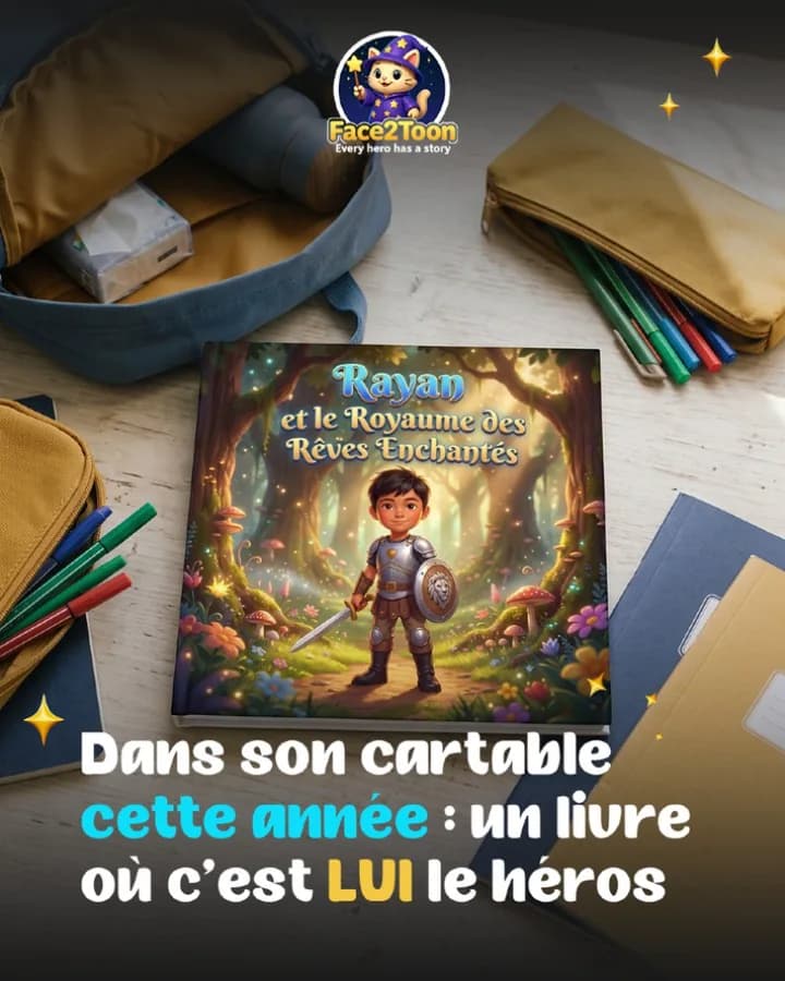 Le livre « Rayan et le Royaume des Rêves Enchantés » posé à côté d'un cartable et d'une trousse