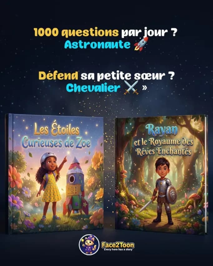 Deux livres Face2Toon : une petite astronaute et un jeune chevalier