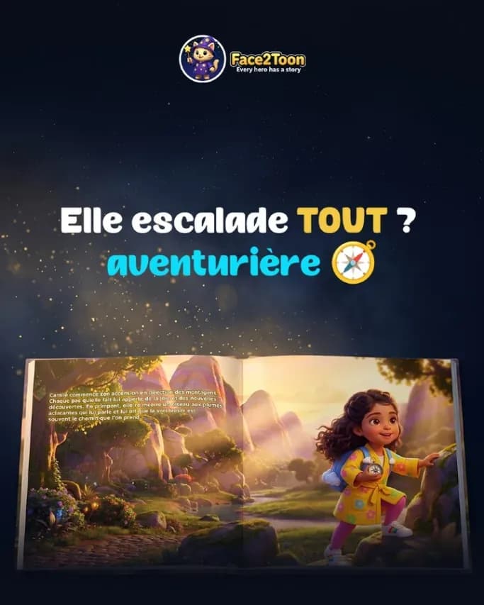 Livre ouvert : une petite fille aventurière escalade la montagne