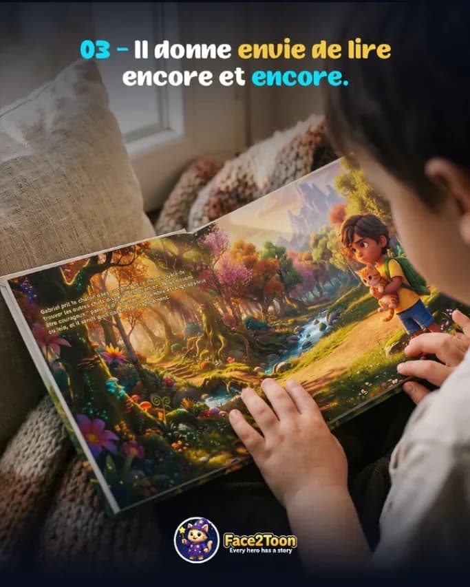 Enfant qui lit son livre Face2Toon ouvert sur ses genoux
