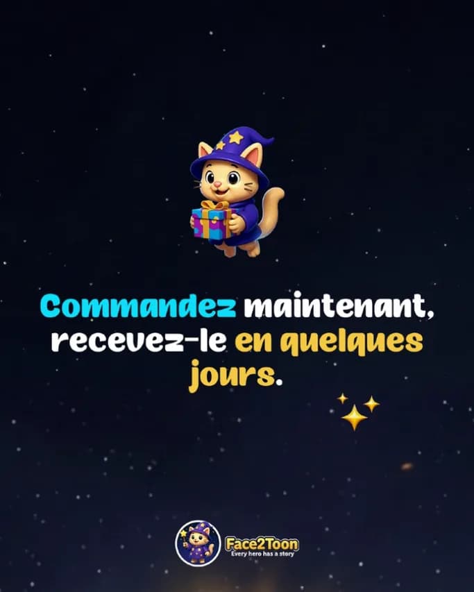La mascotte Face2Toon apporte un cadeau : commandez maintenant, recevez-le en quelques jours